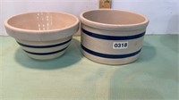 Blue band, Roseville, crock bowl and salt crock