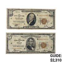 1929 $5 & $10 Fed Res Notes (2 Items)