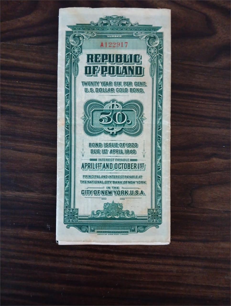 Republic of Poland 20 Year 6% Gold Bond of 1920