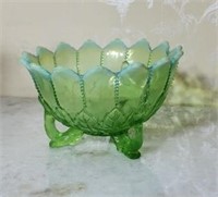Footed green glass bowl approx 4 inches tall