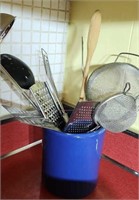Blue crock and utensils