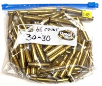 Bag of .30-30 brass, marked 61 pcs.