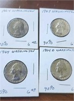 Group of 4 1964 silver Washington quarters