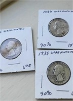 1934, 1935, 1954 silver Washington quarters