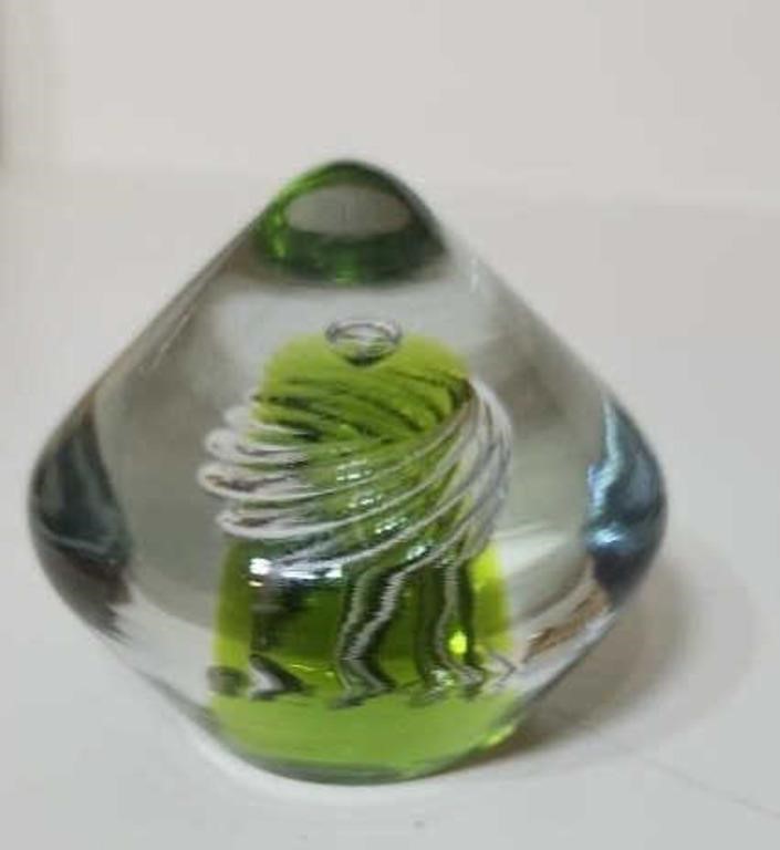 Green and clear art glass paperweight