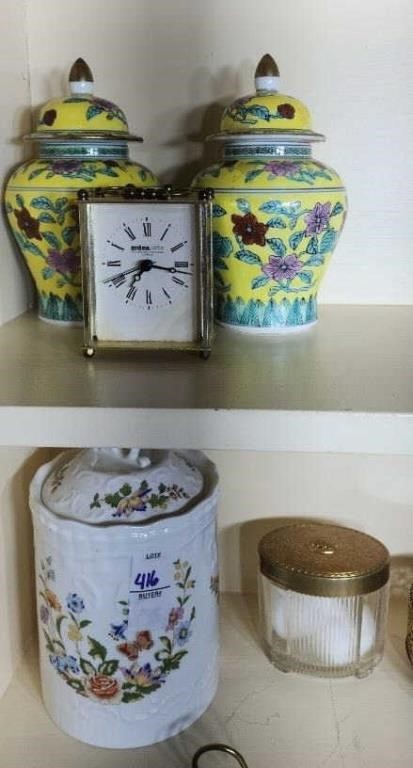 Pair of ginger jars and a clock
