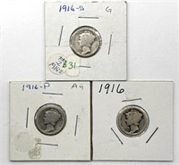 (3) Mercury Dimes : 1916-S, 1916-P, and 1916
