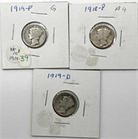 (3) Mercury Dimes : 1919-P, 1918-P, and 1919-D