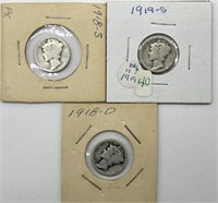 (3) Mercury Dimes : 1918-S, 1918-D, and 1919-S