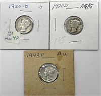 (3) Mercury Dimes : 1920-D and 1943-P