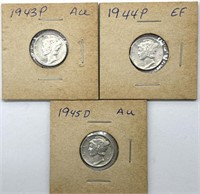 (3) Mercury Dimes : 1943-P, 1944-P, and 1945-D
