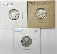 (3) Mercury Dimes : 1940-S, 1943-P, and 1945