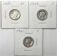 (3) Mercury Dimes : 1938 and 1941