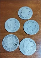 Group of 5 silver Barber quarters