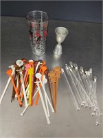 Vintage Swizzle Sticks & Bar Glass