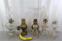 14 Vintage Brass, Glass Oil Lamps & Chimneys