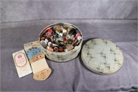 Round Tin of Sewing Notions - Lots of Buttons!