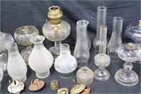 22 Pcs. Vtg. Glass Oil Lamps, Frosted Chimneys+++