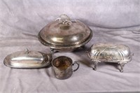 Silver Plate Covered Casserole, Butter Dishes, Cup