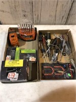 Black & Decker drill bits, tape measure, nails,