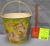 Vintage all tin childs sand pail and shovel set