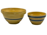 2 Blue Banded Yellow Ware Mixing Bowls