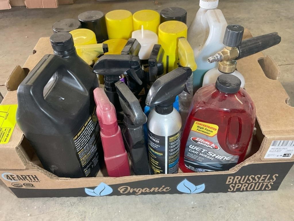BOX OF MISC CAR CARE PRODUCTS, CAR WAX, AUTO GLASS