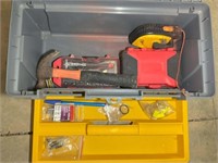 PLASTIC TOOL BOX CONTAINING HAMMER, CHALK BOX AND