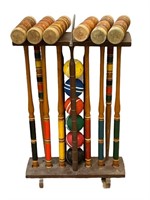 Vintage Wooden Croquet Set w/ Rack