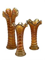 3 Ripple Carnival Glass Vases