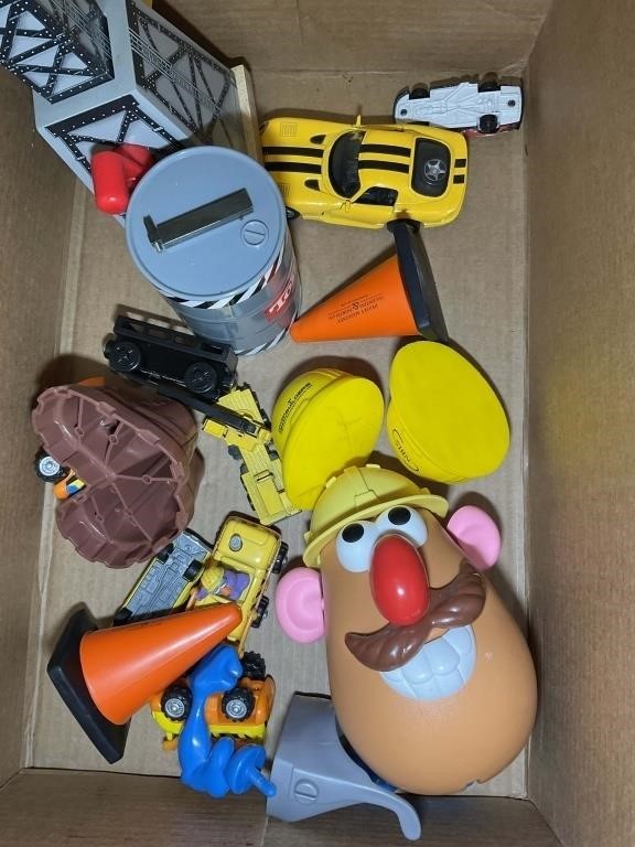 BOX OF DICAST METAL CRANES AND OTHER WOODEN AND PL