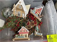 2 TOTES WITH GREENERY AND SMALL HOUSES (CHRISTMAS)