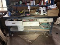 WORK TABLE WITH CONTENTS, DRILL, PARTS BIN, HOSE C