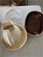 Pyrex bowl with lid, brown stoneware and vintage