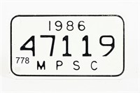 1986 MPSC MOTORCYCLE LICENSE PLATE