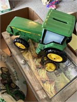 John Deere tractor, thermometer, storage box and