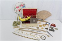 20+Pcs. Vtg. Jewelry Box W/ 3 Fans, Costume+++