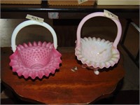 (2) Glass Fenton Cranberry & Pink Ruffle Baskets