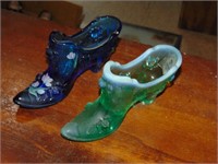 (2) Fenton type Art Glass Shoes