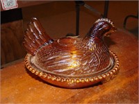 Indiana Amber Glass Hen on Nest