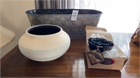 Oval metal flower pot, ceramic bowl, signed