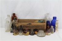 21 Apothecary~Ink Bottles & Old VA Cheroots Box+