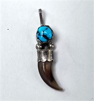 Vint Sterling Native Bear Claw/Turquoise Pendant