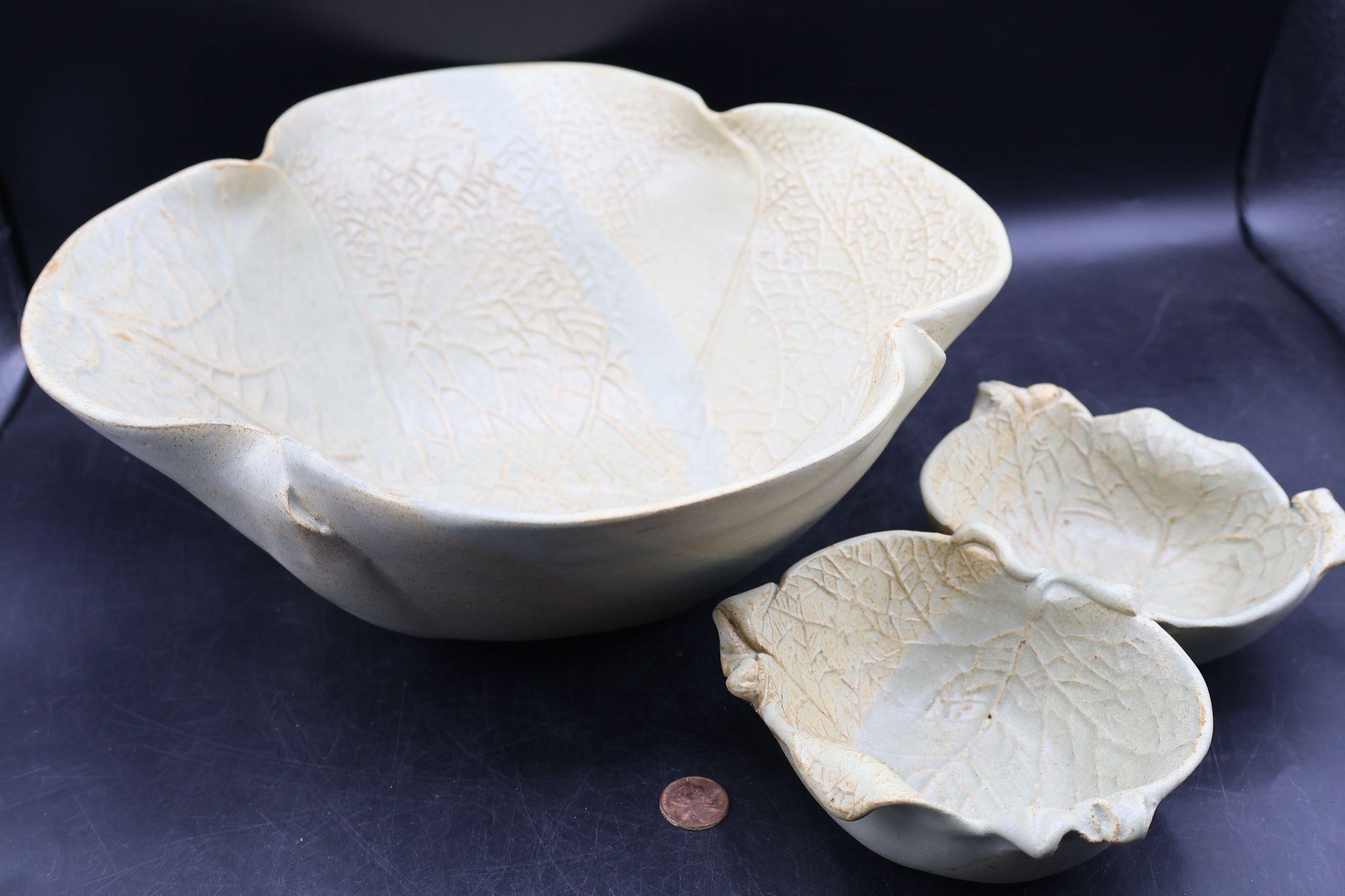 Pair Hand-Made Art Pottery Cabbage Bowls