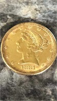 1881 $5 Liberty Half Eagle Gold coin weight 8.75