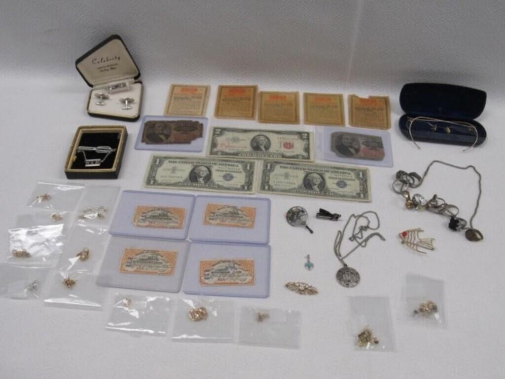 BOX WITH ASSORTED JEWELRY & US CURRENCY: