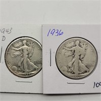 1936 & 1943 D WALKING LIBERTY HALF DOLLARS