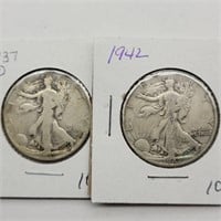 1937 D & 1942 WALKING LIBERTY HALF DOLLARS