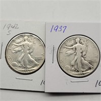 1937 & 1942 S WALKING LIBERTY HALF DOLLARS