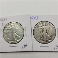 1937 S & 1943 D WALKING LIBERTY HALF DOLLARS